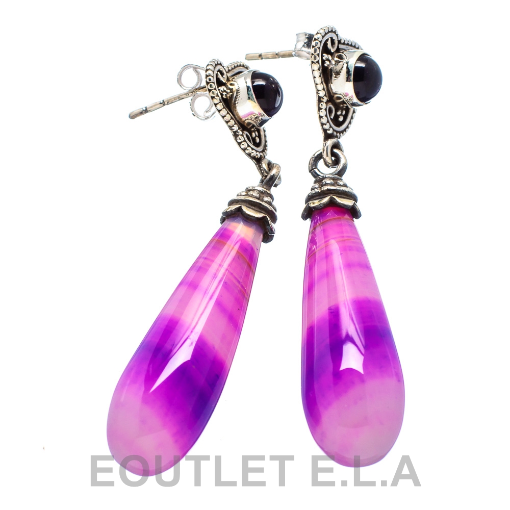 GENUINE PURPLE AGATE AMETHYST EARRINGS SOLID 925 SILVER